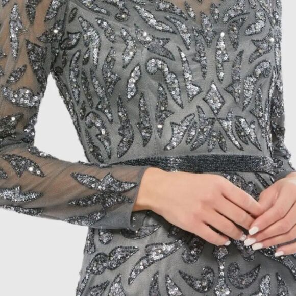 Mac Duggal 5124 Size 4 Charcoal Gray Beaded Long Sleeve Evening Gown Maxi Dress - Picture 6 of 7